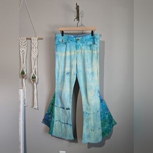 Upcycled Flare Festival Hand Tie Dyed Blue Jeans 30/10